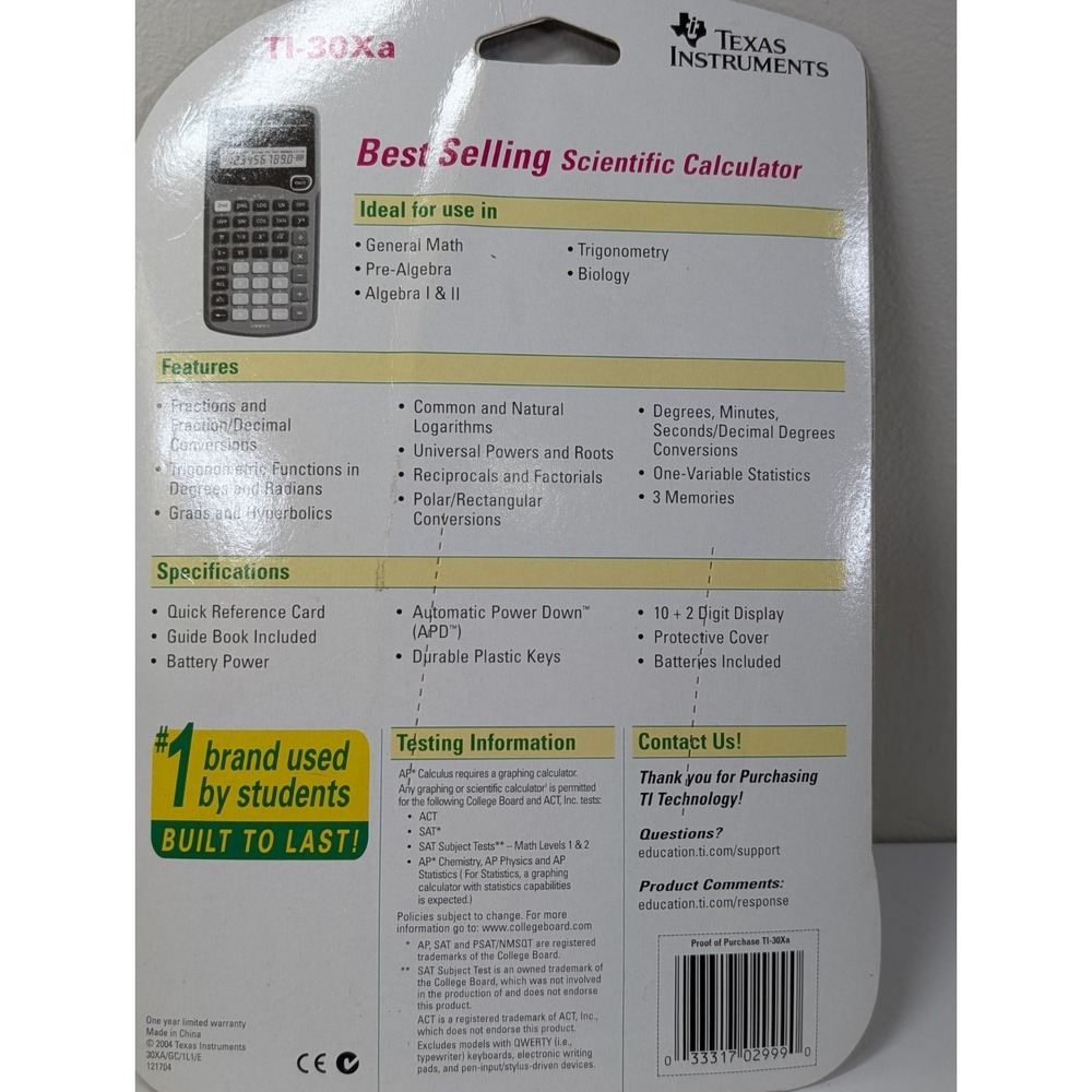 Texas Instruments TI-30XA Scientific Calculator - 1 Line Display -‎ 033317029990 - Picture 4 of 4